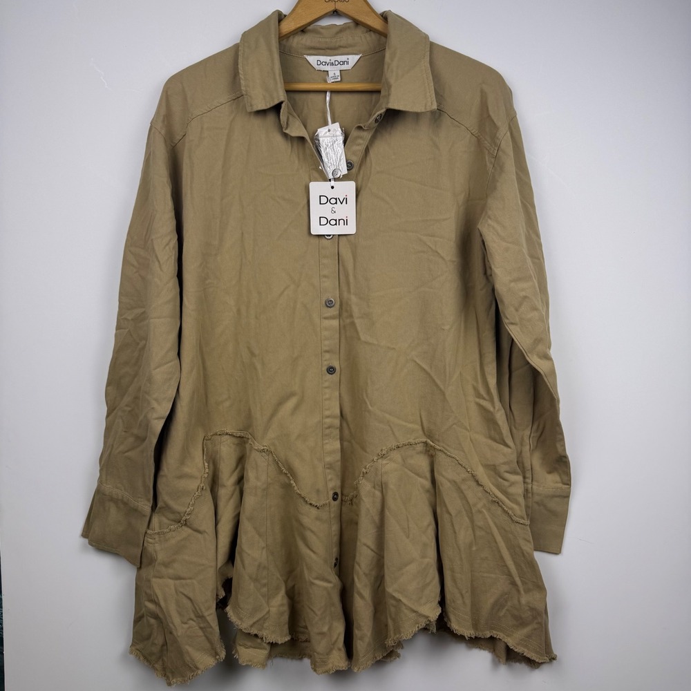 Davi & Dani Khaki Tan Raw Edge Ruffle Hem Long Sleeve Button Down Short Dress S